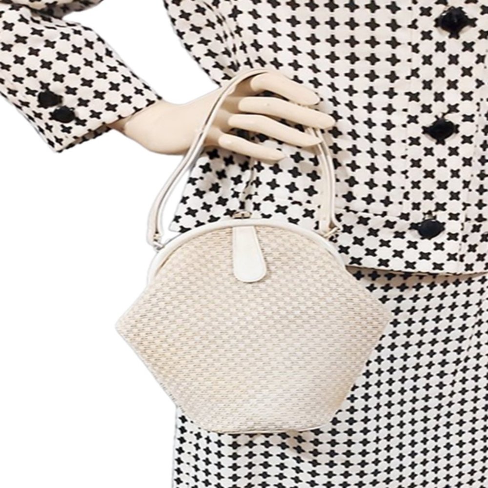 1950s Vintage Cream Textured Tall Geometric Shaped Box Handbag Purse Mid Century